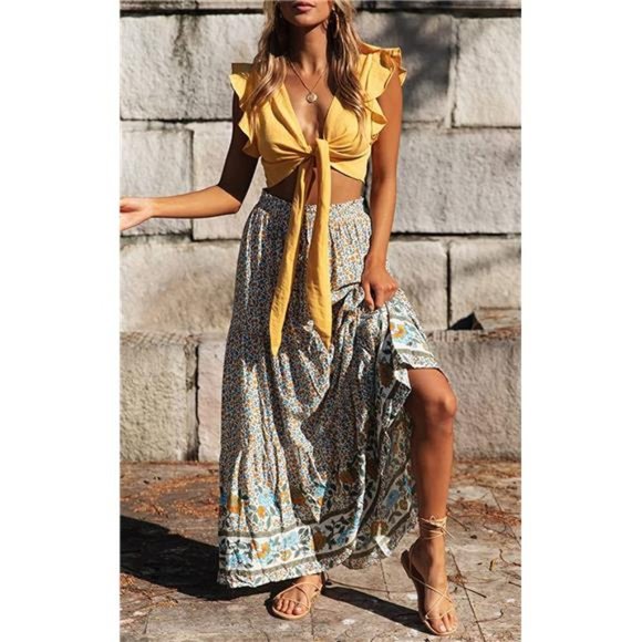 Women's Bohemian Floral Printed Elastic Waist A Line Maxi Skirt with Pockets - Picture 2 of 6